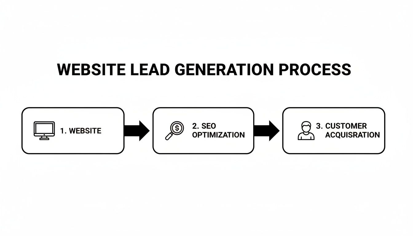 Flowchart illustrating the website lead generation process with steps: website, SEO optimization, and customer acquisition.