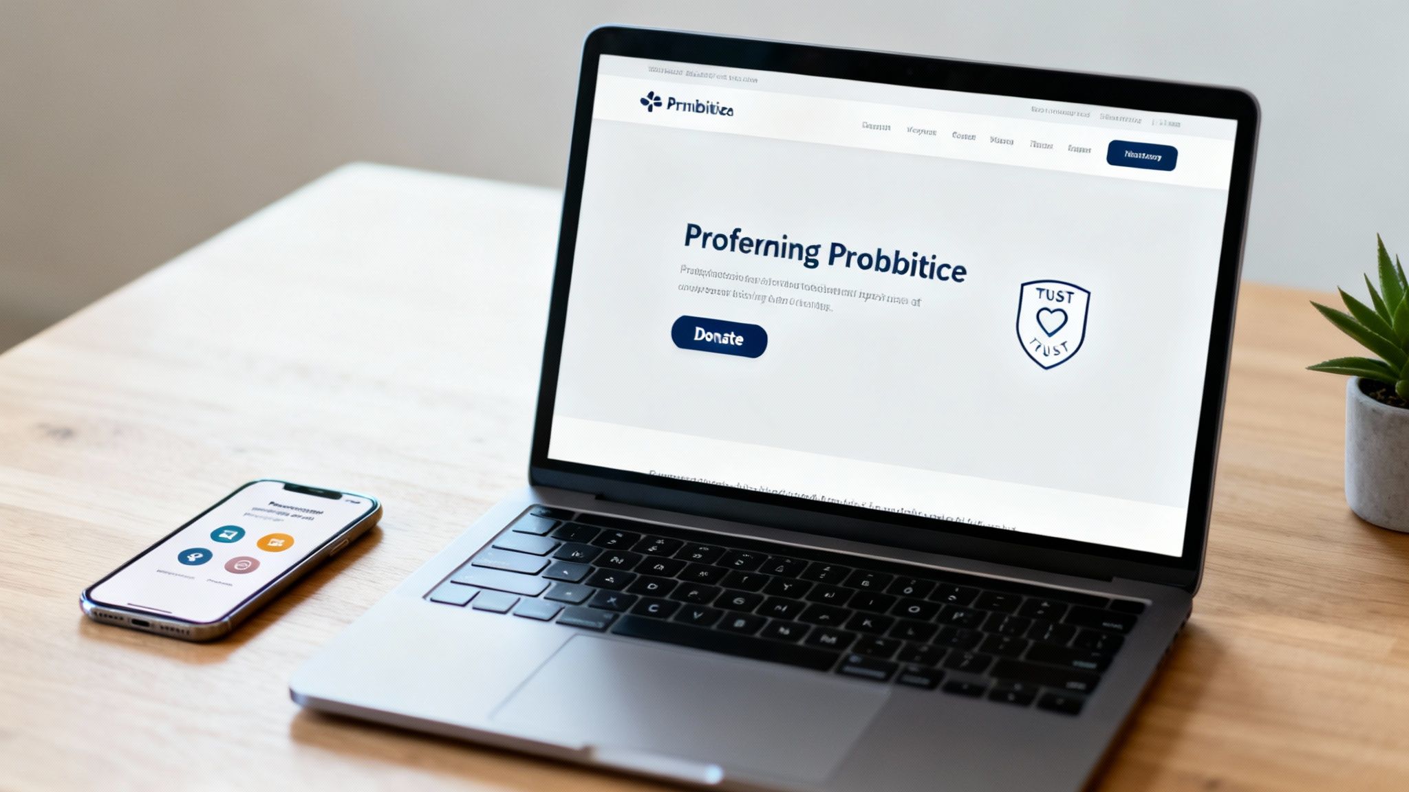 A laptop and a smartphone on a wooden desk, showcasing a website with a 'Donate' button.