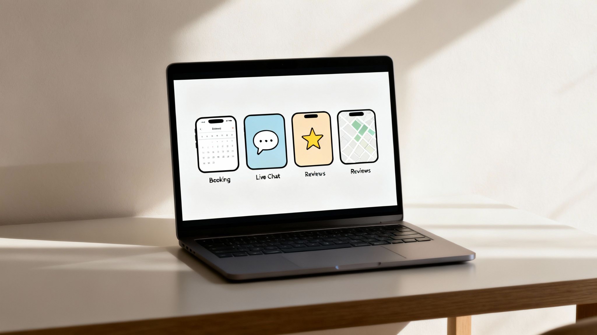 Laptop screen showing app icons for booking, live chat, customer reviews, and location-based reviews.