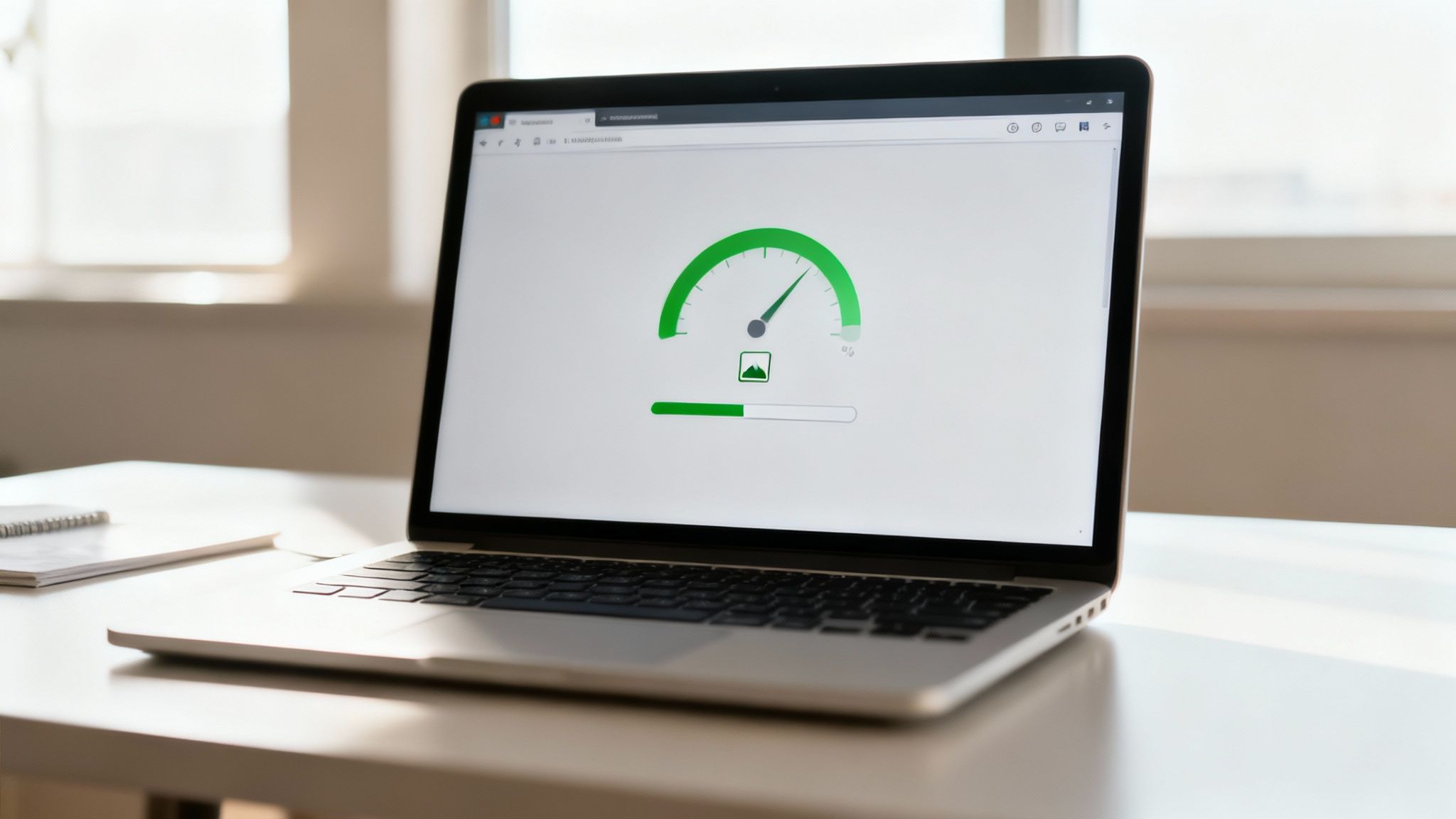 A laptop on a white desk displays a website speed test with a green speedometer and progress bar.