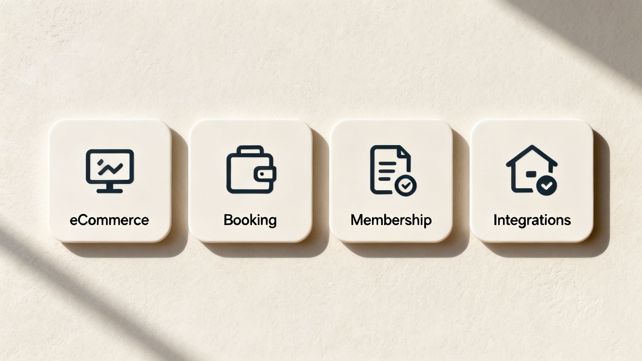 Four icons representing eCommerce, booking, membership, and integrations for business solutions.