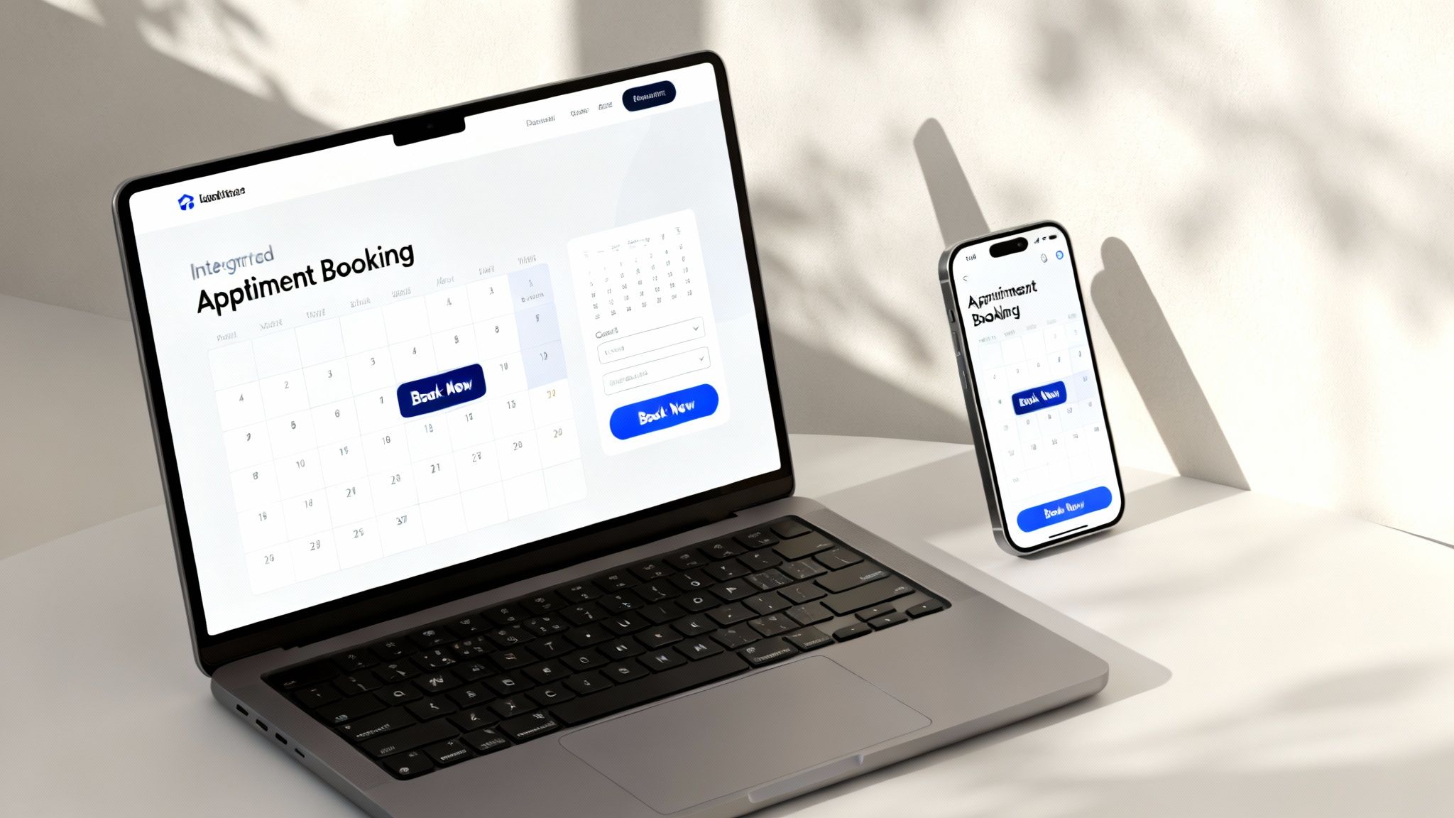 A laptop and a smartphone display an integrated appointment booking application with a calendar interface.