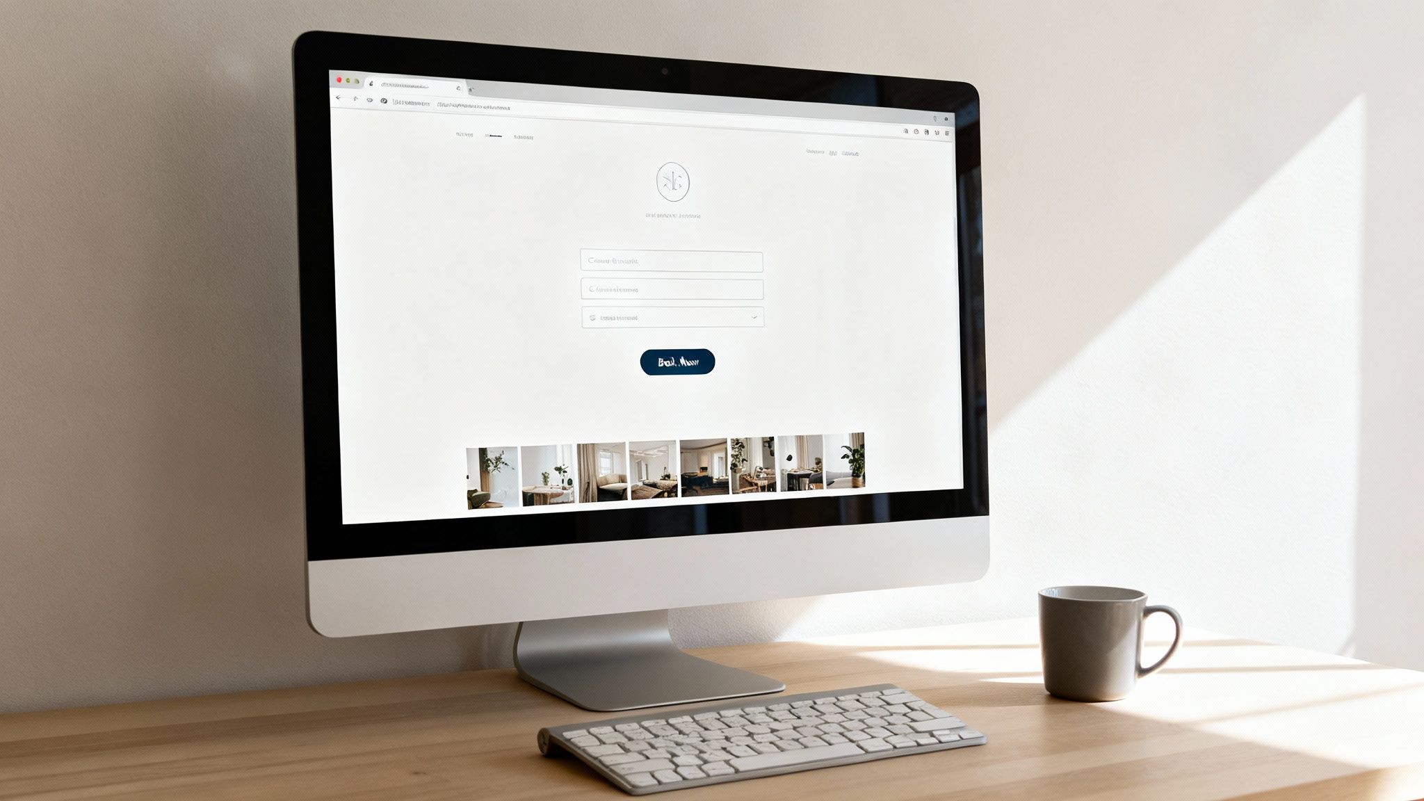 Modern desktop computer displaying a login page on a wooden desk with a keyboard and mug.
