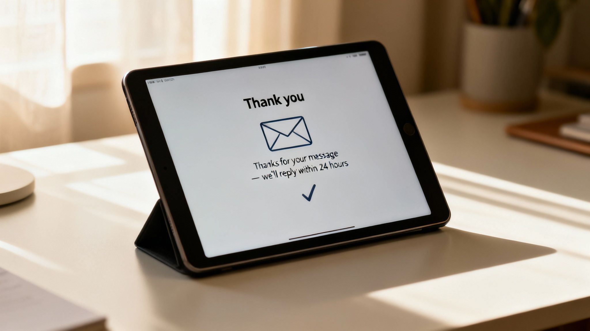 A tablet on a desk displays a 'Thank you' email confirmation message, promising a reply within 24 hours.