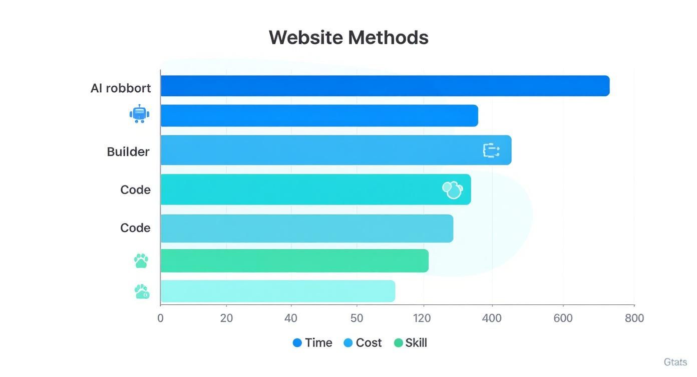 A bar chart illustrating website creation methods and their time, cost, and skill requirements.