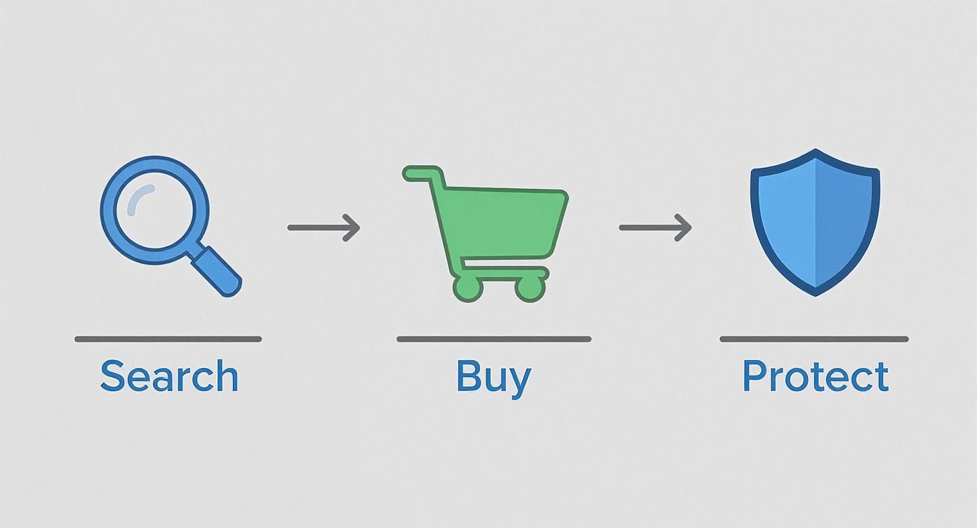 Illustration showing a three-step process: search, buy, and protect, using icons and text.