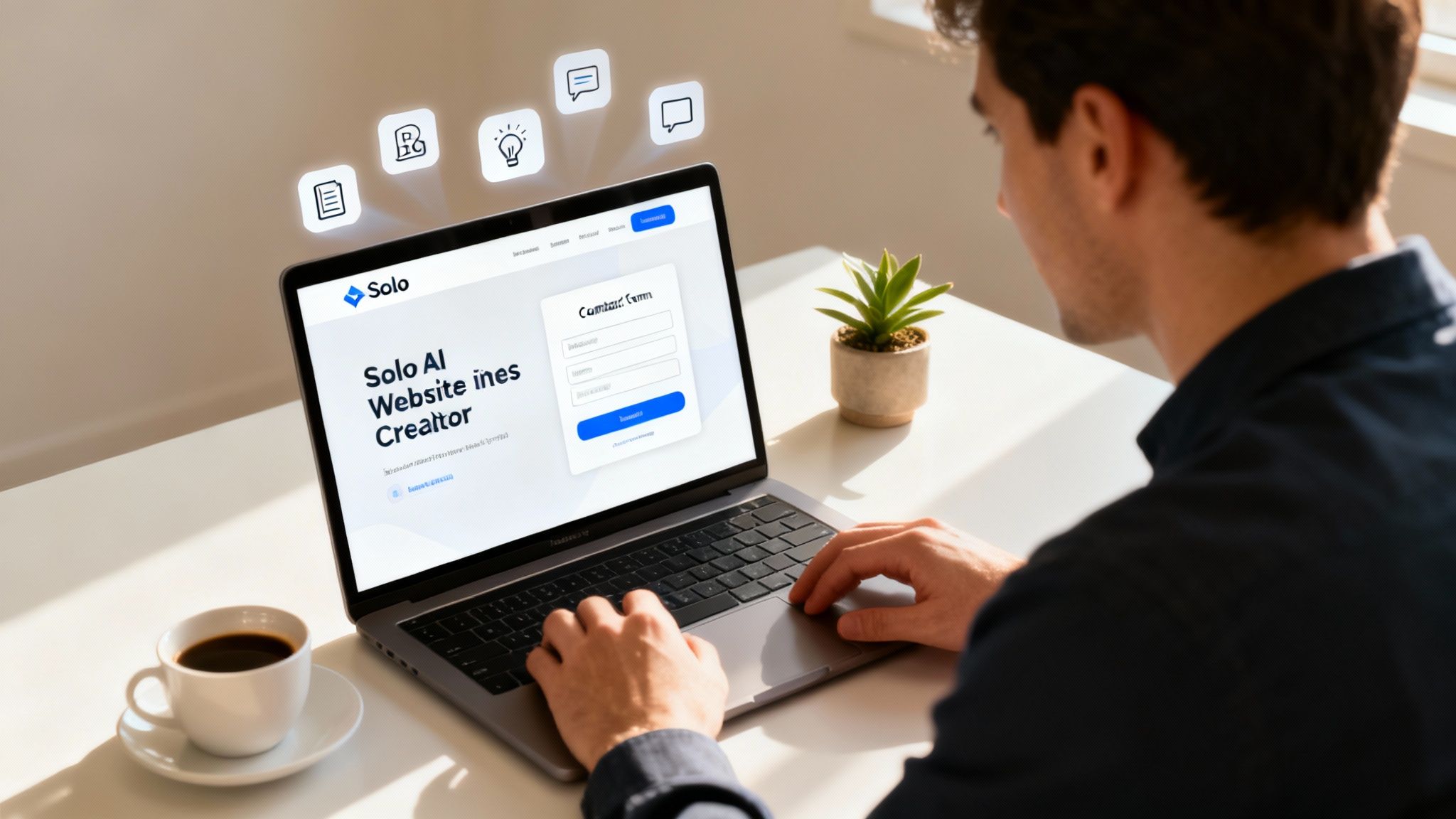 A man typing on a laptop, using an AI website creator application with floating content idea icons.