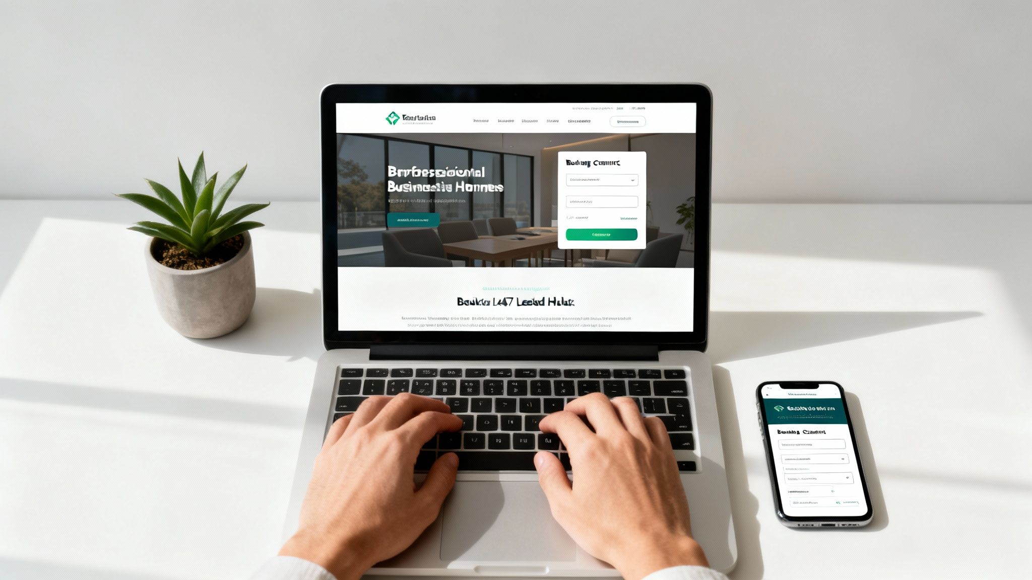 Person typing on a laptop displaying a business booking website, alongside a smartphone and a potted plant.