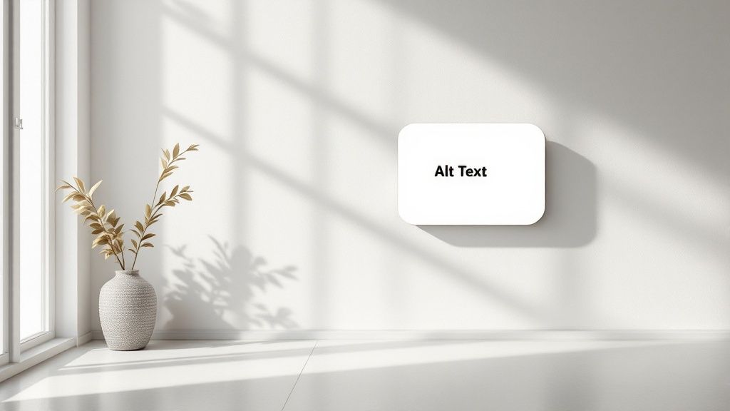 A code snippet showing an HTML image tag with alt text that says 'A smiling web developer working on a laptop at a sunlit desk with a cup of coffee.'