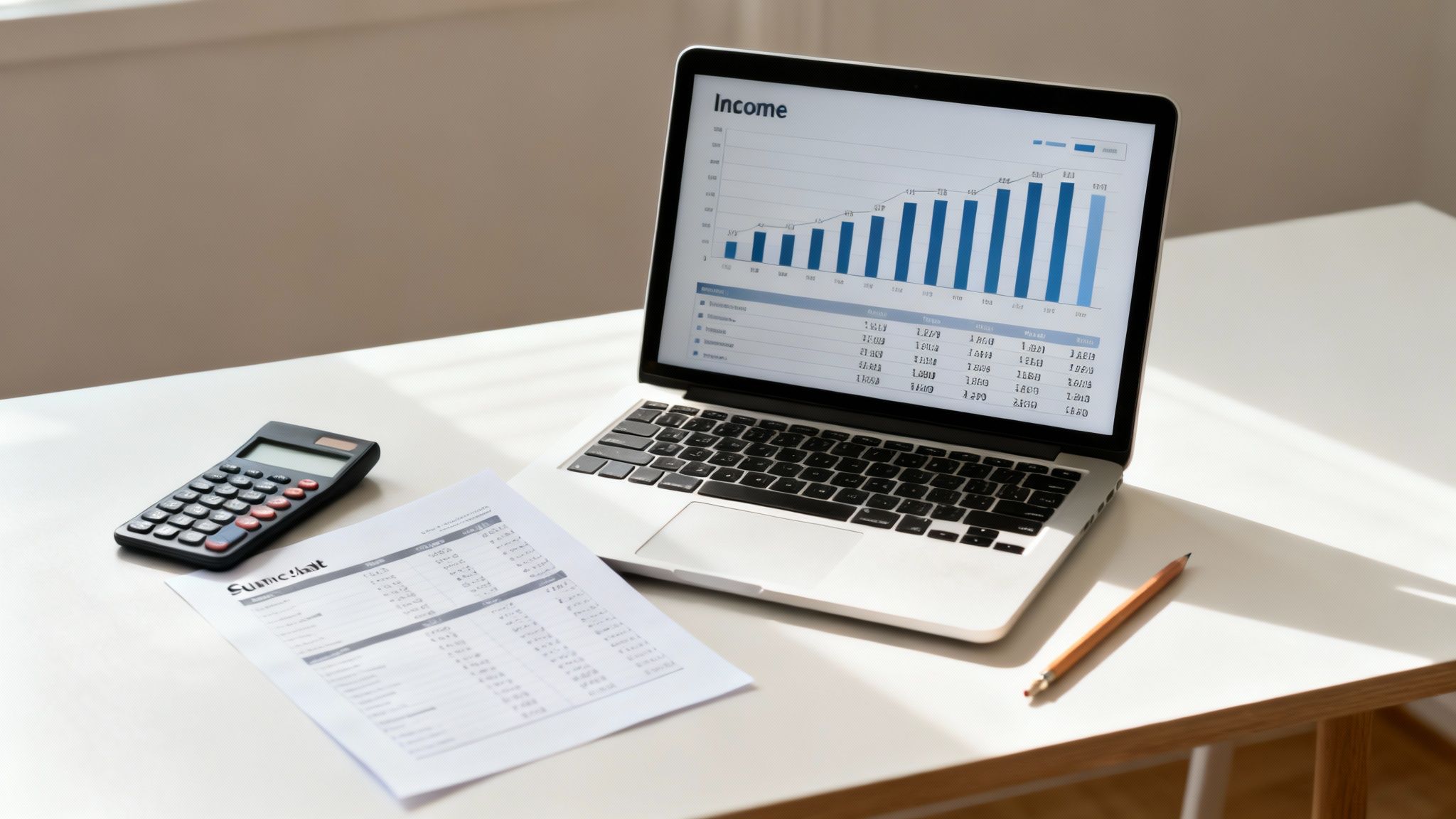 A laptop showing income growth charts, with a calculator, financial document, and pencil on a bright desk.