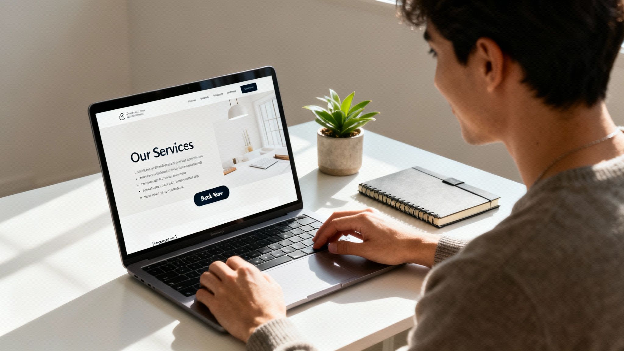 Young man working on a laptop displaying a website with 'Our Services' and 'Book Now' options, next to a plant and notebook.