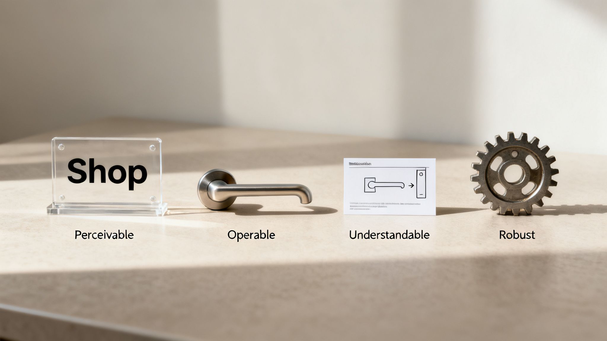 Four objects symbolizing web accessibility principles: Perceivable, Operable, Understandable, Robust.