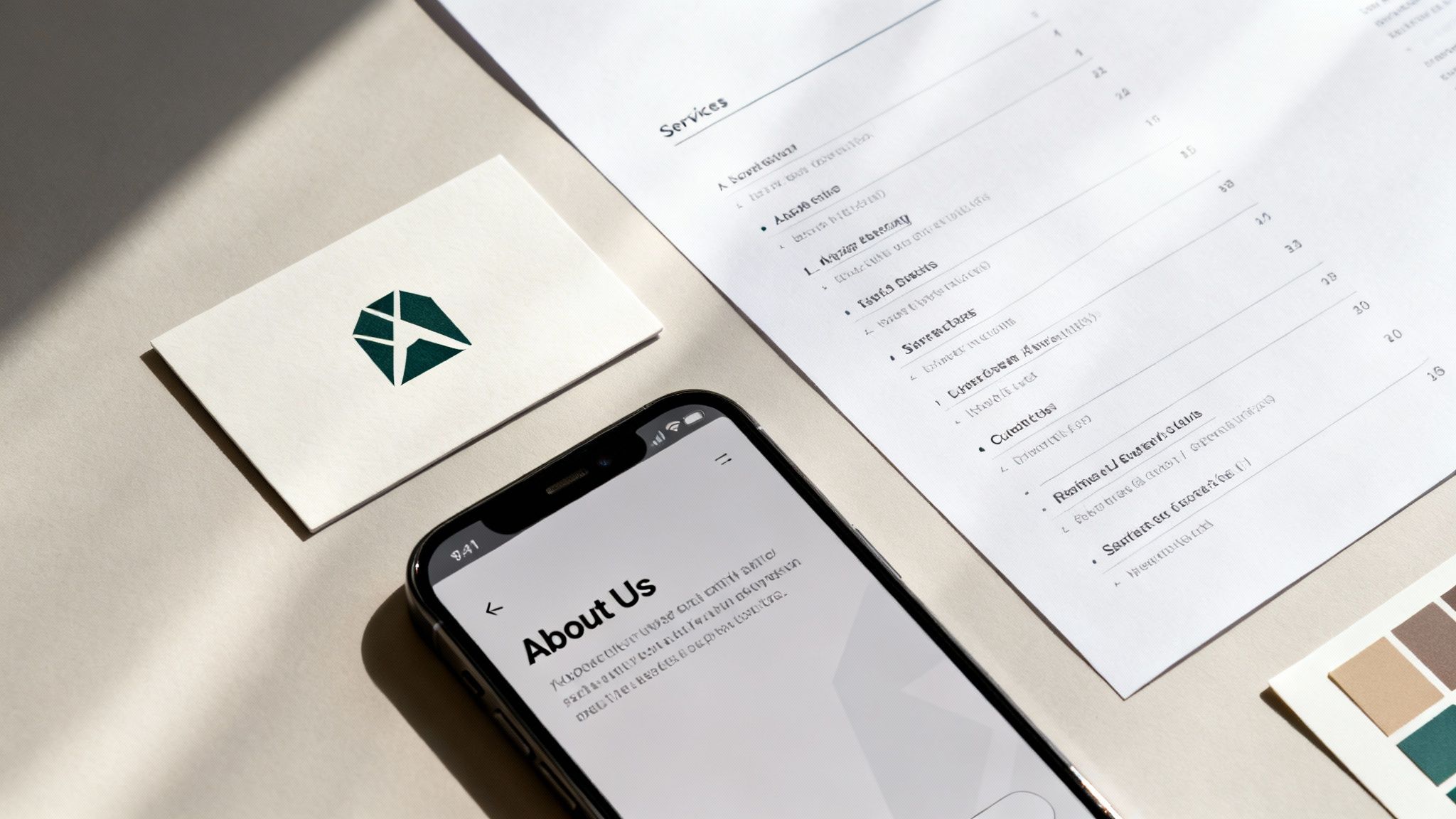 A professional flat lay showing a smartphone, a business card with a logo, a services list, and a color palette.