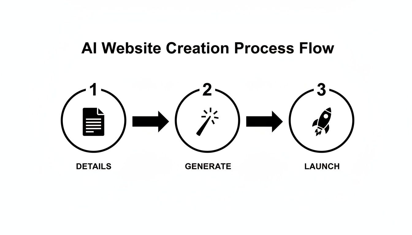 A flowchart showing the three-step AI website creation process: Details, Generate, and Launch.