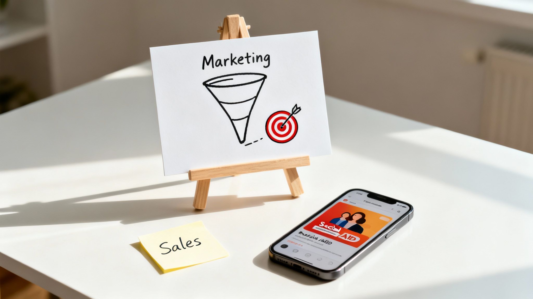 Marketing funnel illustration on an easel with a 'Sales' sticky note and a smartphone on a white desk.