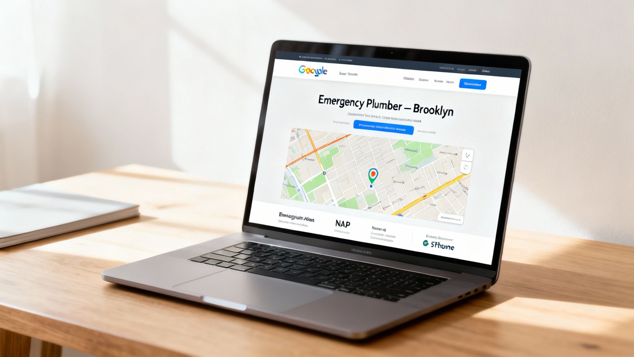 A laptop displaying a Google search result for "Emergency Plumber - Brooklyn" with a map and local business information.