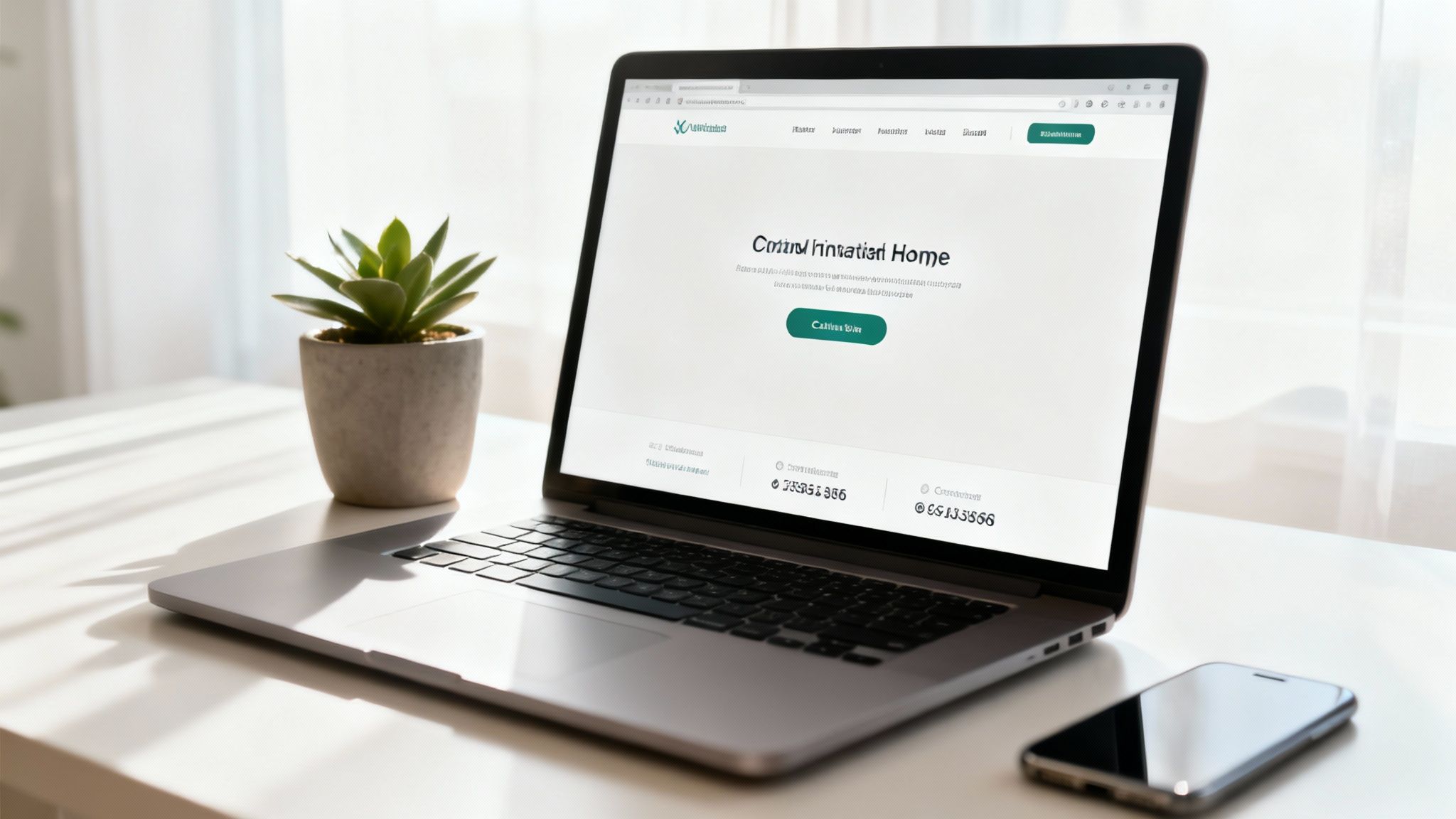 Laptop displaying professional website homepage with green call-to-action button on clean desk workspace