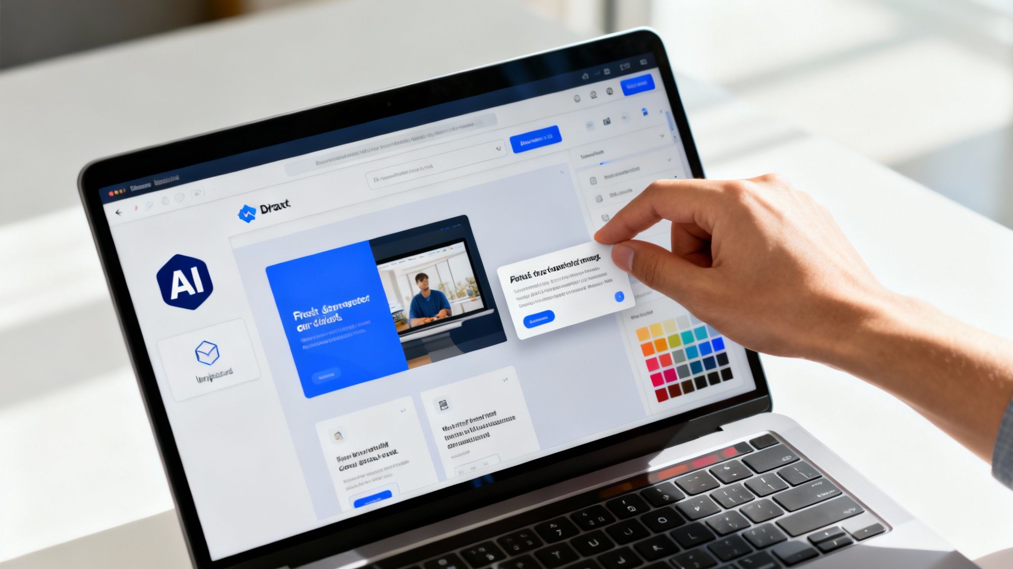 A hand interacts with a laptop screen displaying a website design interface with UI components and a color palette.