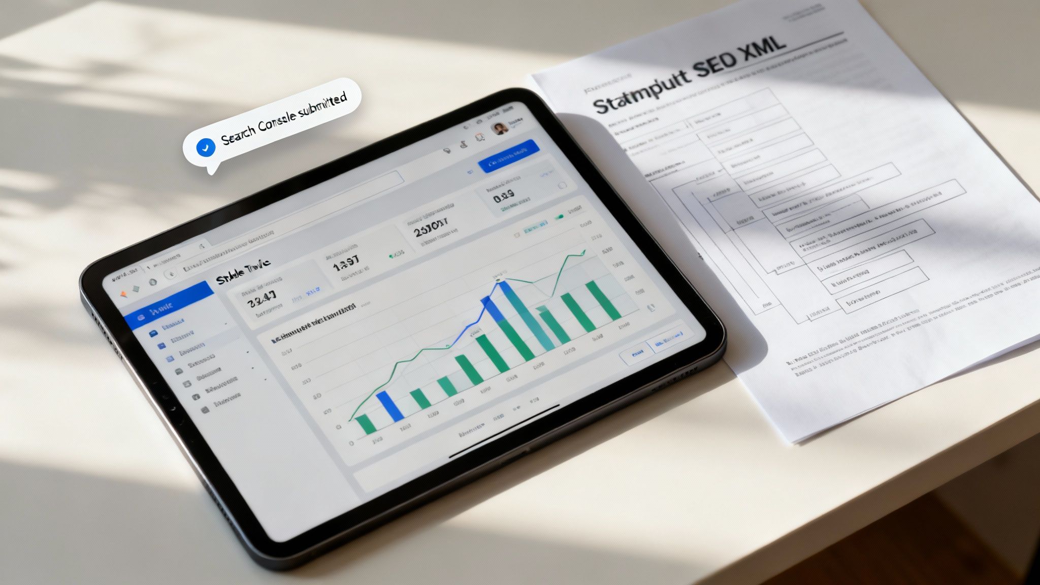 A person monitoring SEO performance on a laptop, with charts and graphs indicating positive growth after a domain name change.