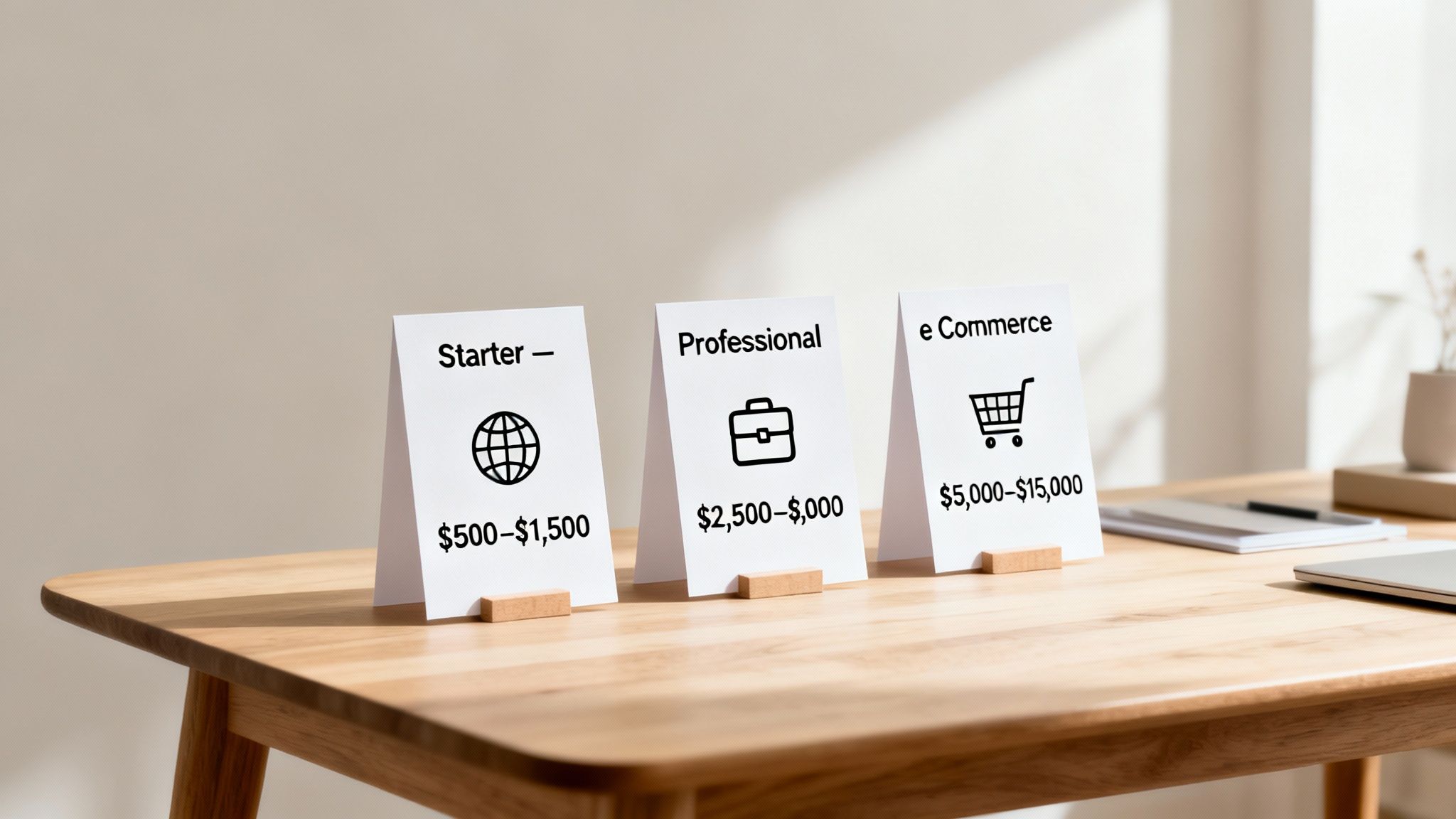Three cards on a wooden table displaying website packages: Starter ($500-$1,500), Professional ($2,500-$0,000), and e Commerce ($5,000-$15,000).
