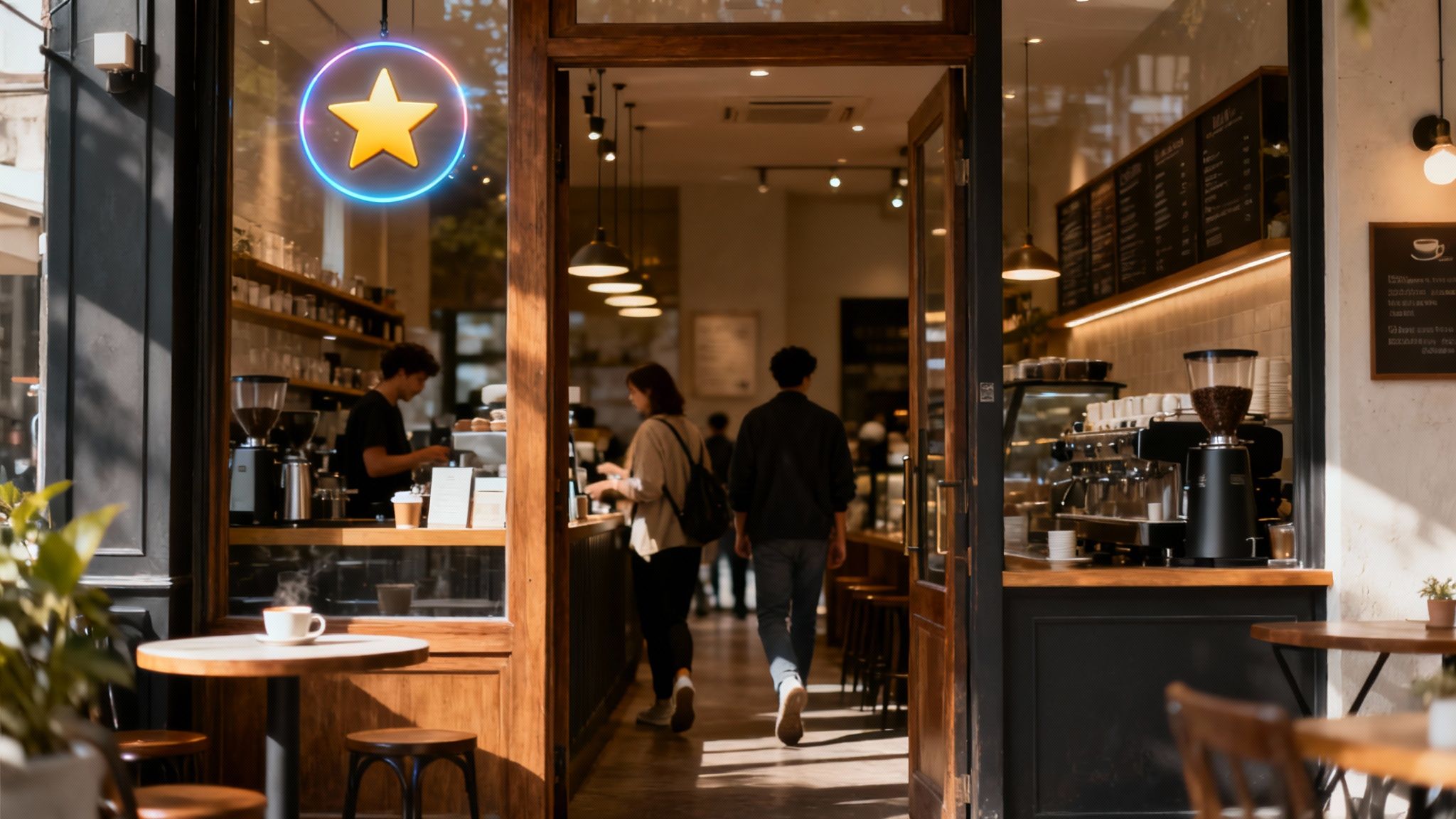 A small business owner smiling while looking at positive reviews on a tablet, with sales charts showing growth in the background.