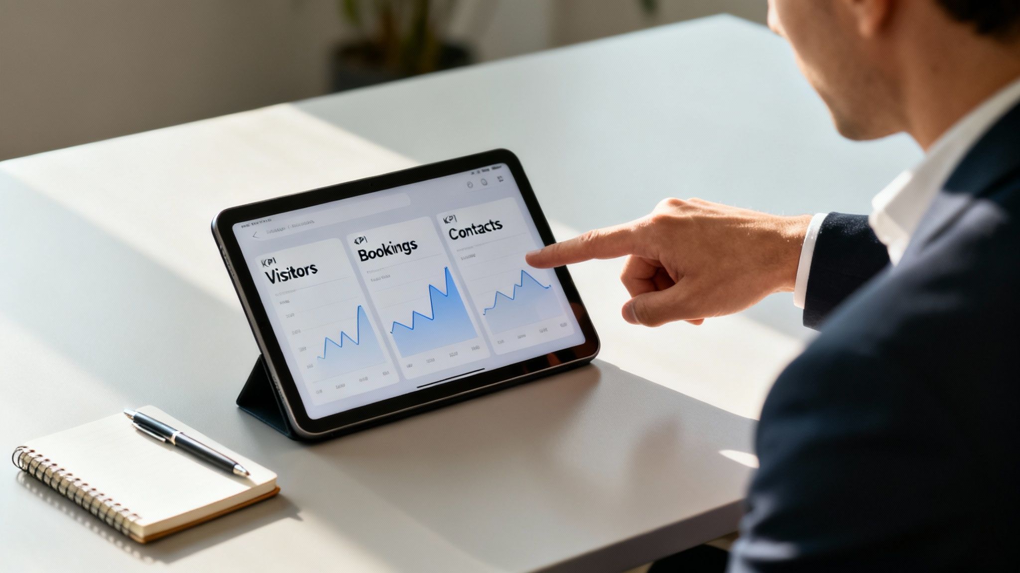 Businessman analyzing business performance data on a tablet, showing visitor, booking, and contact KPIs.