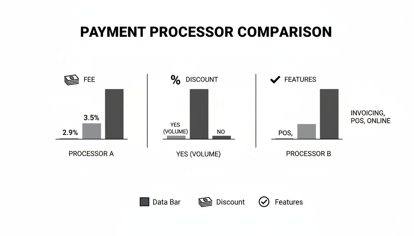 A bar chart comparing payment processor fees, volume discounts, and available features like POS, invoicing, and online services.