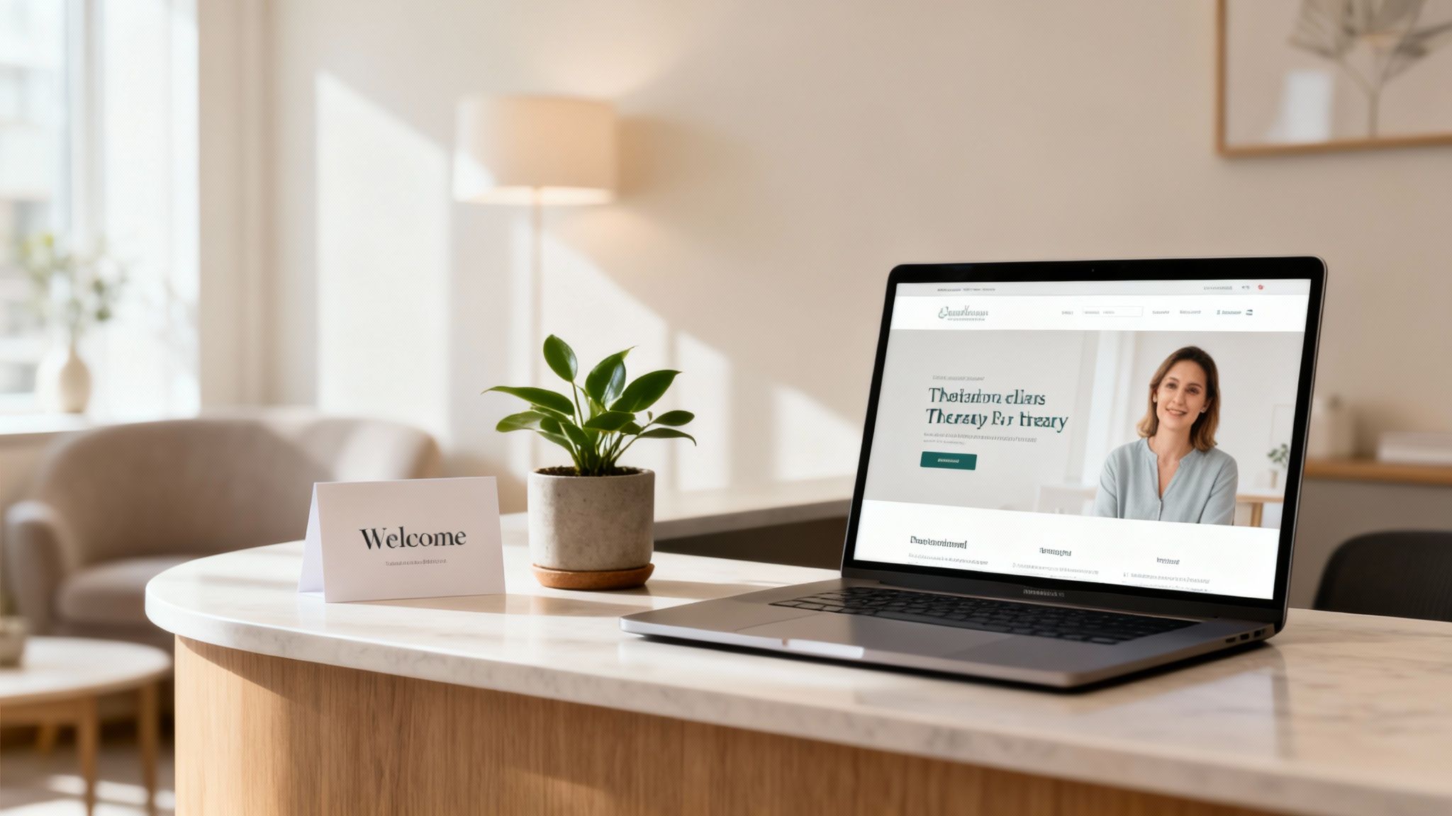 Modern office reception with a laptop displaying a therapist's website, a welcome card, and a small plant.