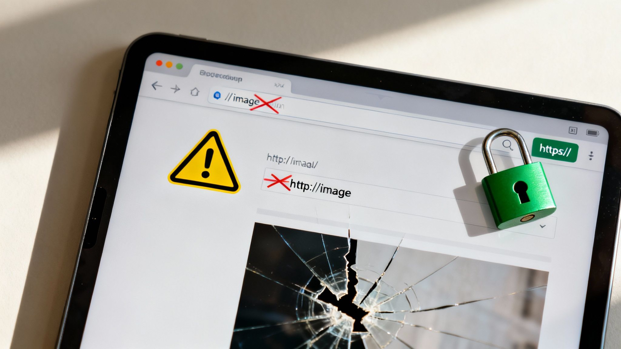 A tablet screen shows a browser with 'http' crossed out and 'https' with a green padlock, symbolizing secure website connections.