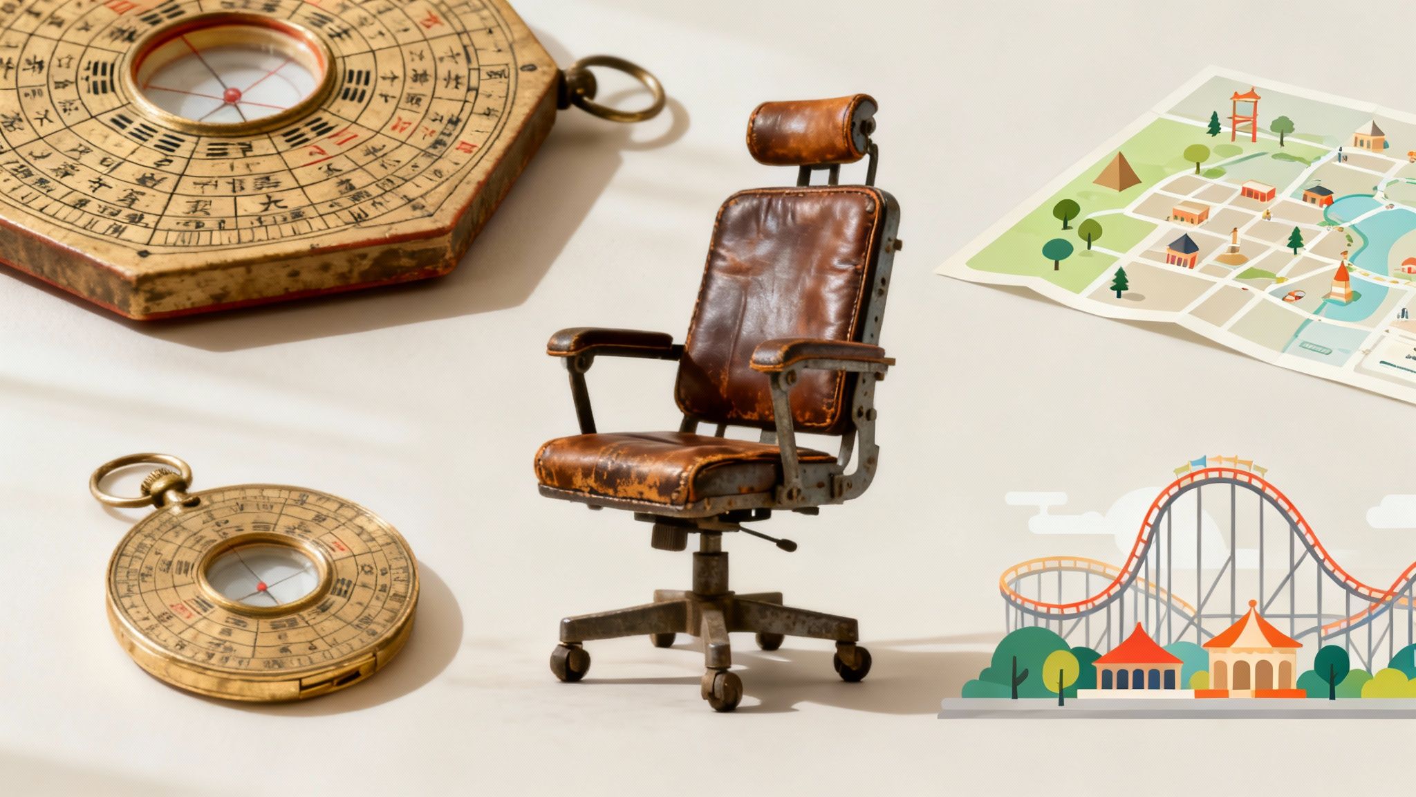 Vintage design tools and blueprints spread out on a wooden table, suggesting the historical roots of design thinking.