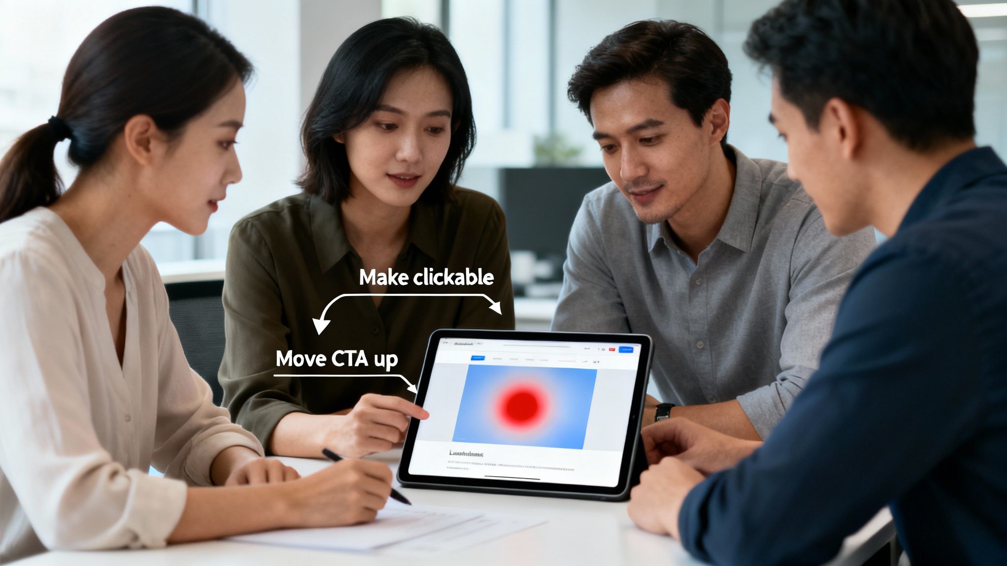 Four diverse colleagues collaboratively review a heatmap design on a tablet during an office meeting.