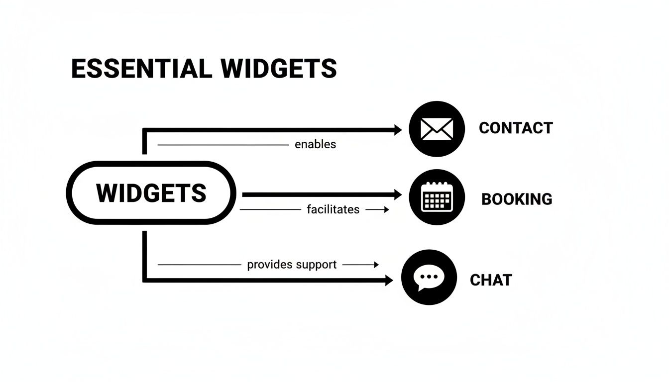 Diagram illustrating essential website widgets enabling contact, facilitating booking, and providing chat support.