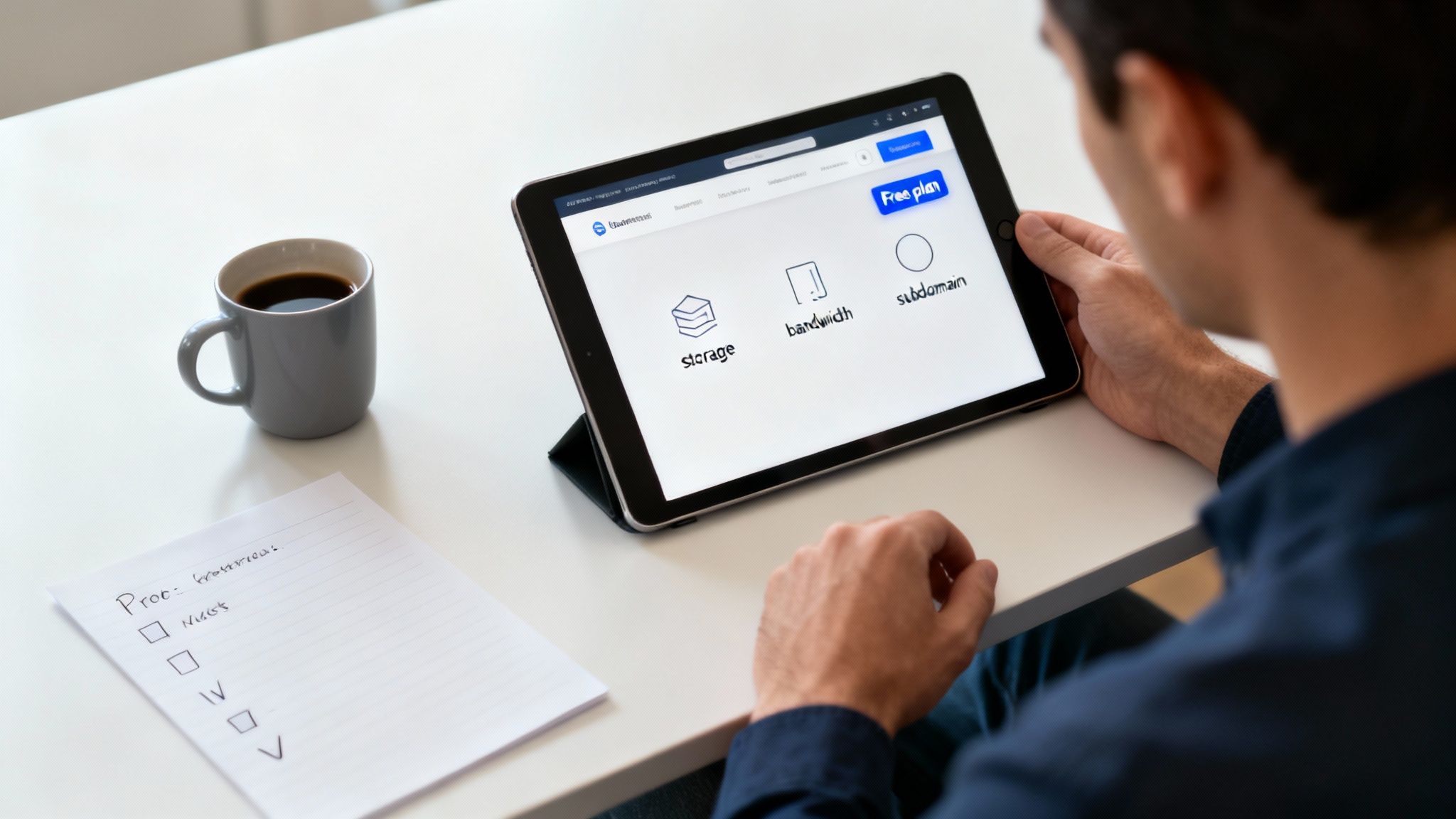A person views a tablet screen showing a 'Free plan' for web services, with a coffee mug and notepad nearby.