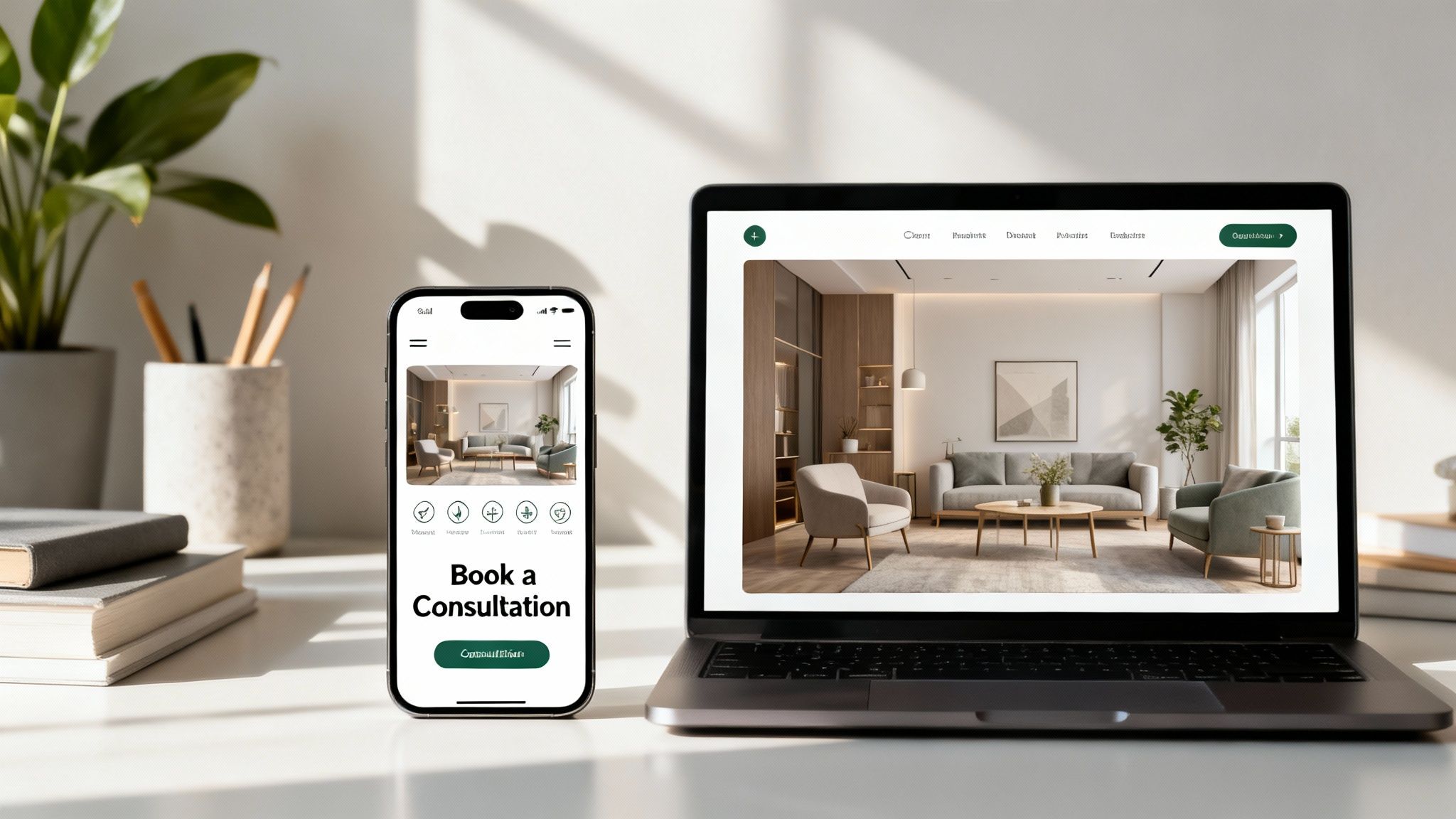 Laptop and smartphone displaying a modern interior design website with a consultation booking option.