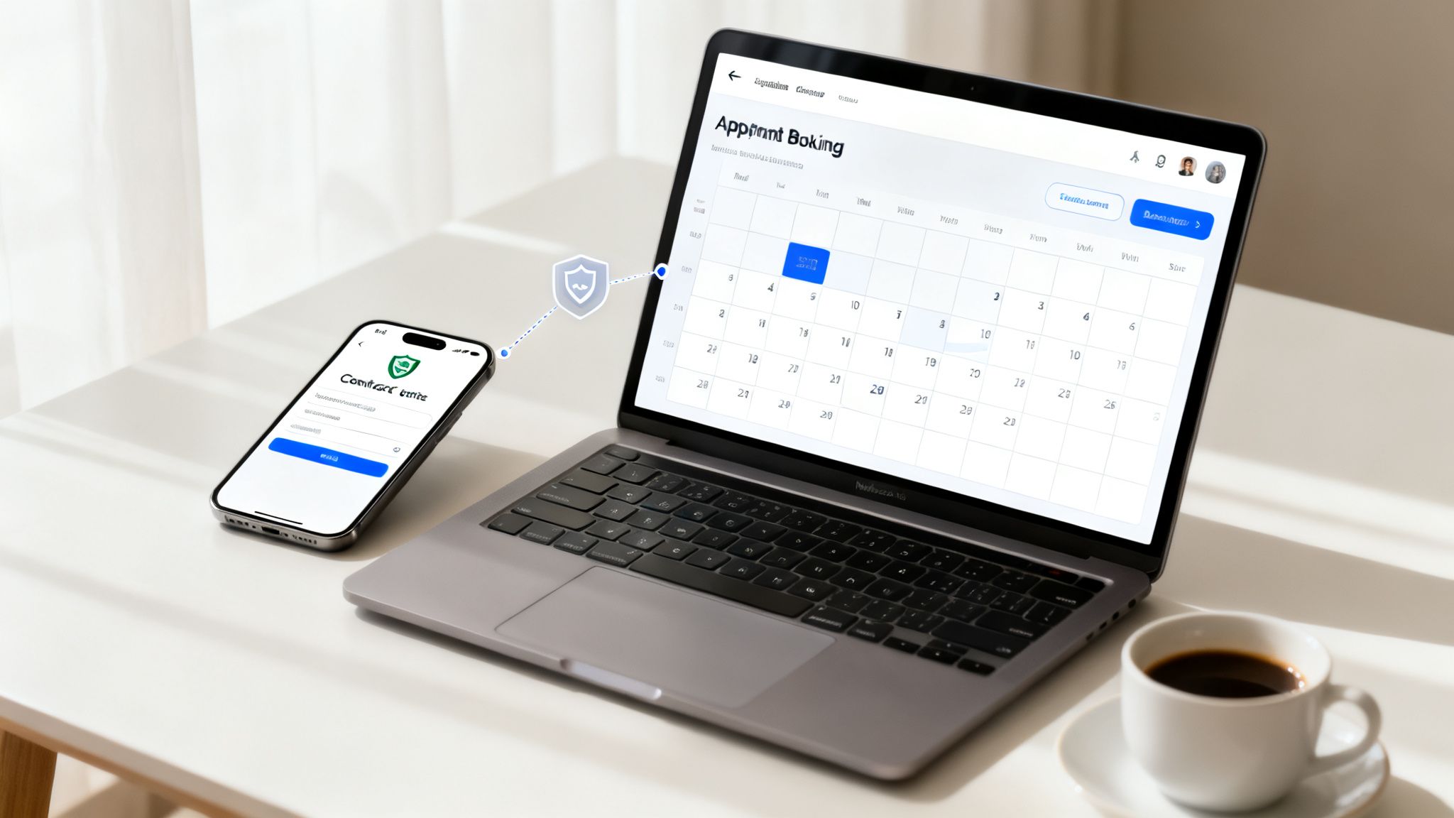 Laptop showing an appointment booking calendar and a smartphone with a secure login screen, connected via a shield icon.