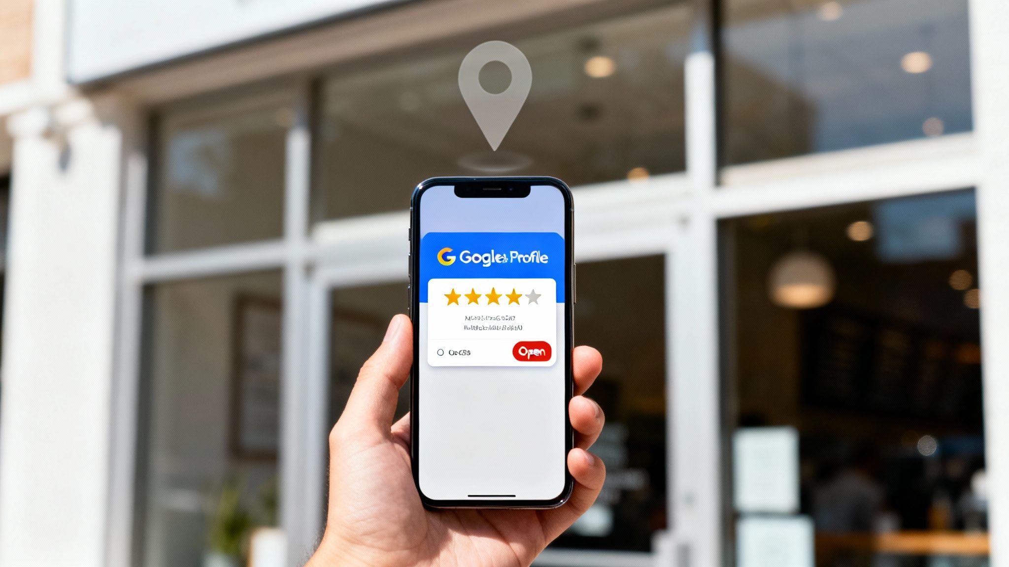 Hand holding a smartphone displaying a Google Business Profile with a 3.5-star rating and location pin.