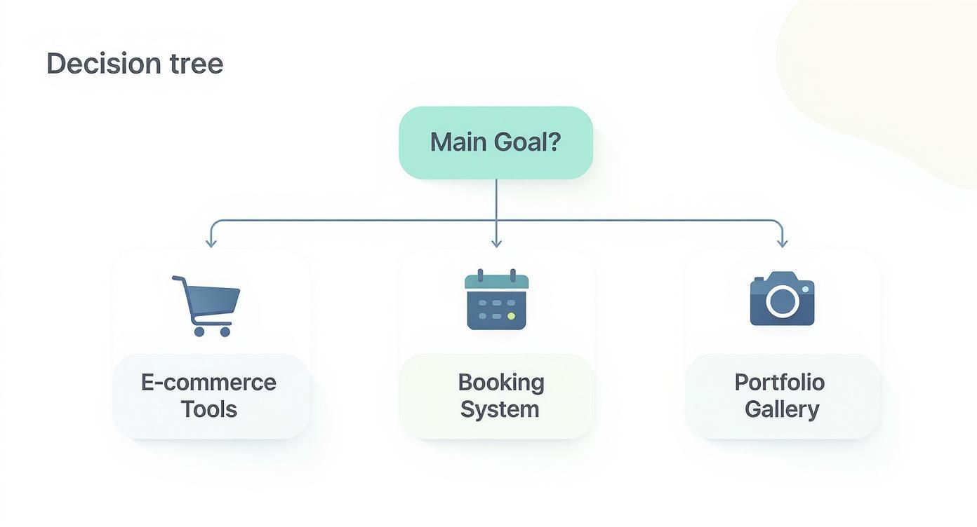 Decision tree showing main website goals: E-commerce Tools, Booking System, and Portfolio Gallery options.
