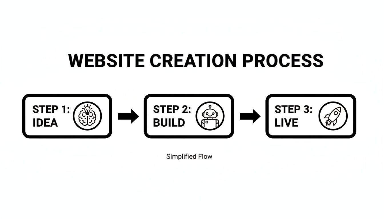 Diagram illustrating the three-step website creation process: Idea, Build, and Live, with relevant icons.