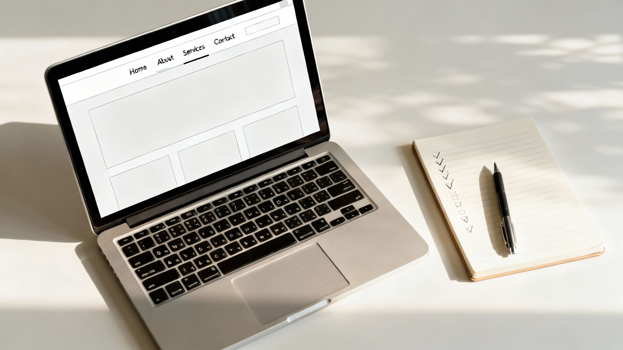 A wireframe diagram showing the structure of a website with key pages like Home, About, and Contact.