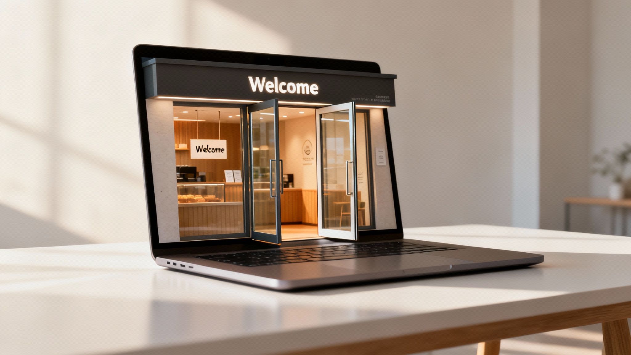 A laptop screen displays a modern storefront with open glass doors and a 'Welcome' sign, representing an online business.