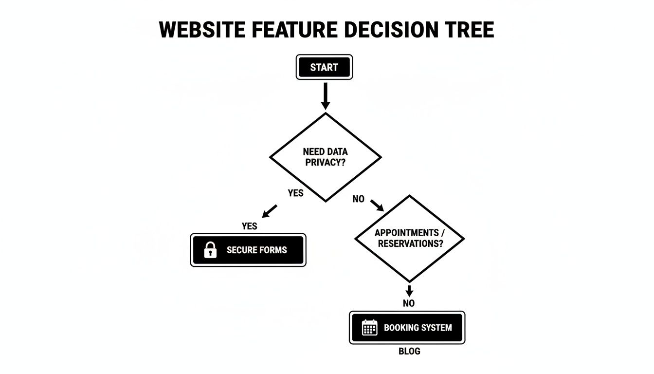 A decision tree flowchart for website features, guiding users from 'Start' based on data privacy and appointments.
