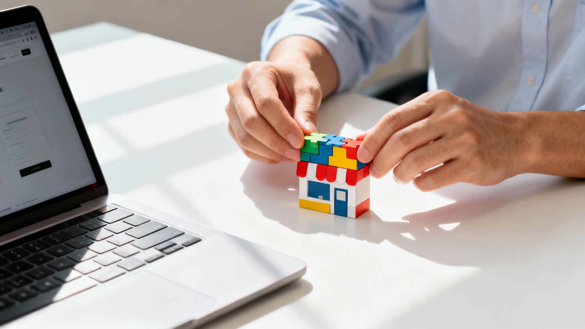 Hands assembling a colorful block house model next to a laptop displaying a website builder.
