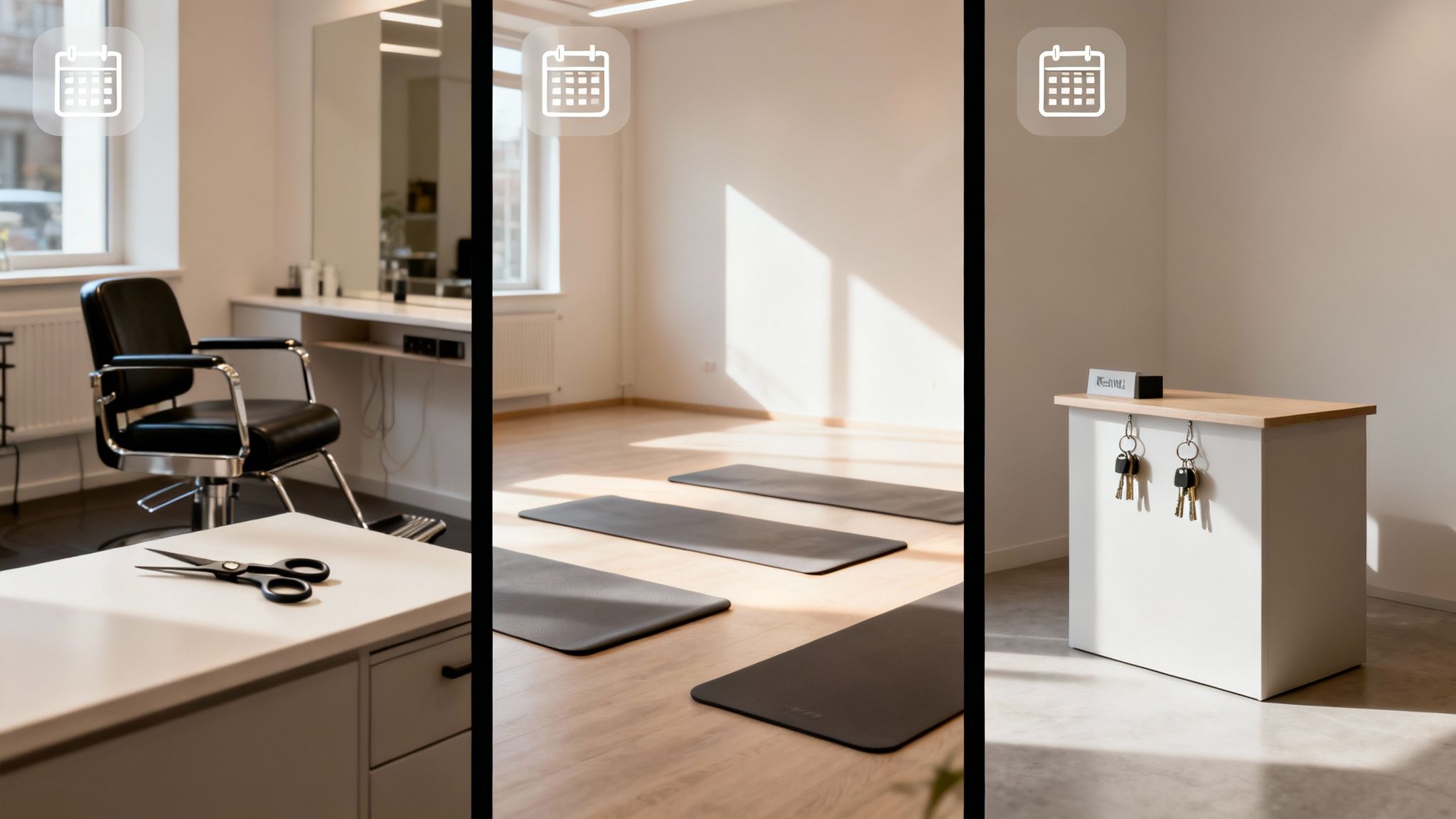 Three different small business settings: a hair salon, a yoga studio, and a reception area.