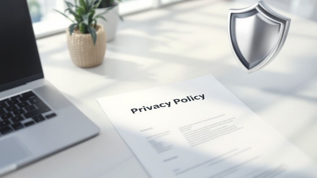 A person sitting at a desk with a laptop, looking at a document with a lock icon, symbolizing privacy and data protection.