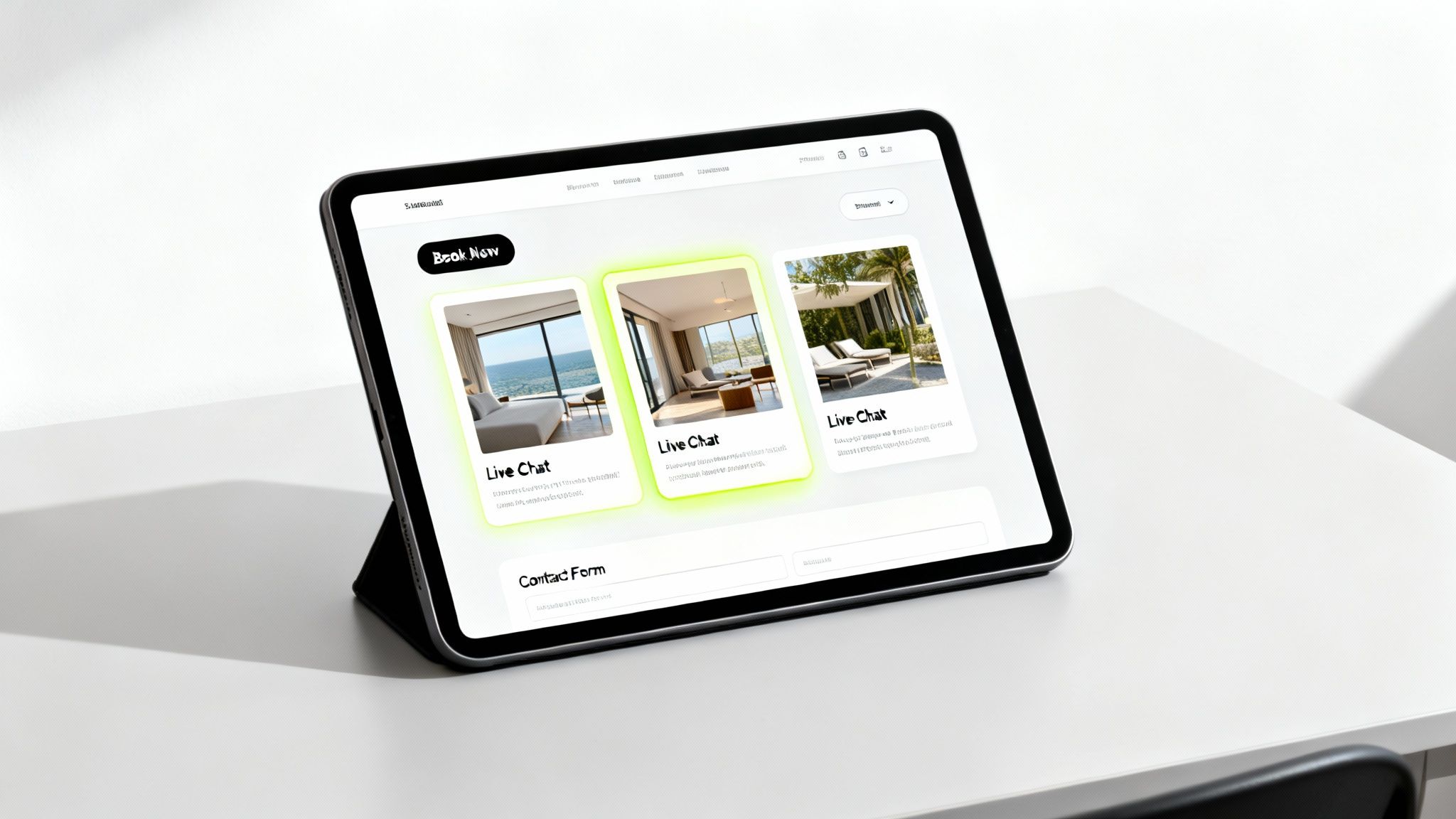 A modern tablet on a white desk, displaying a website with booking options and live chat features.