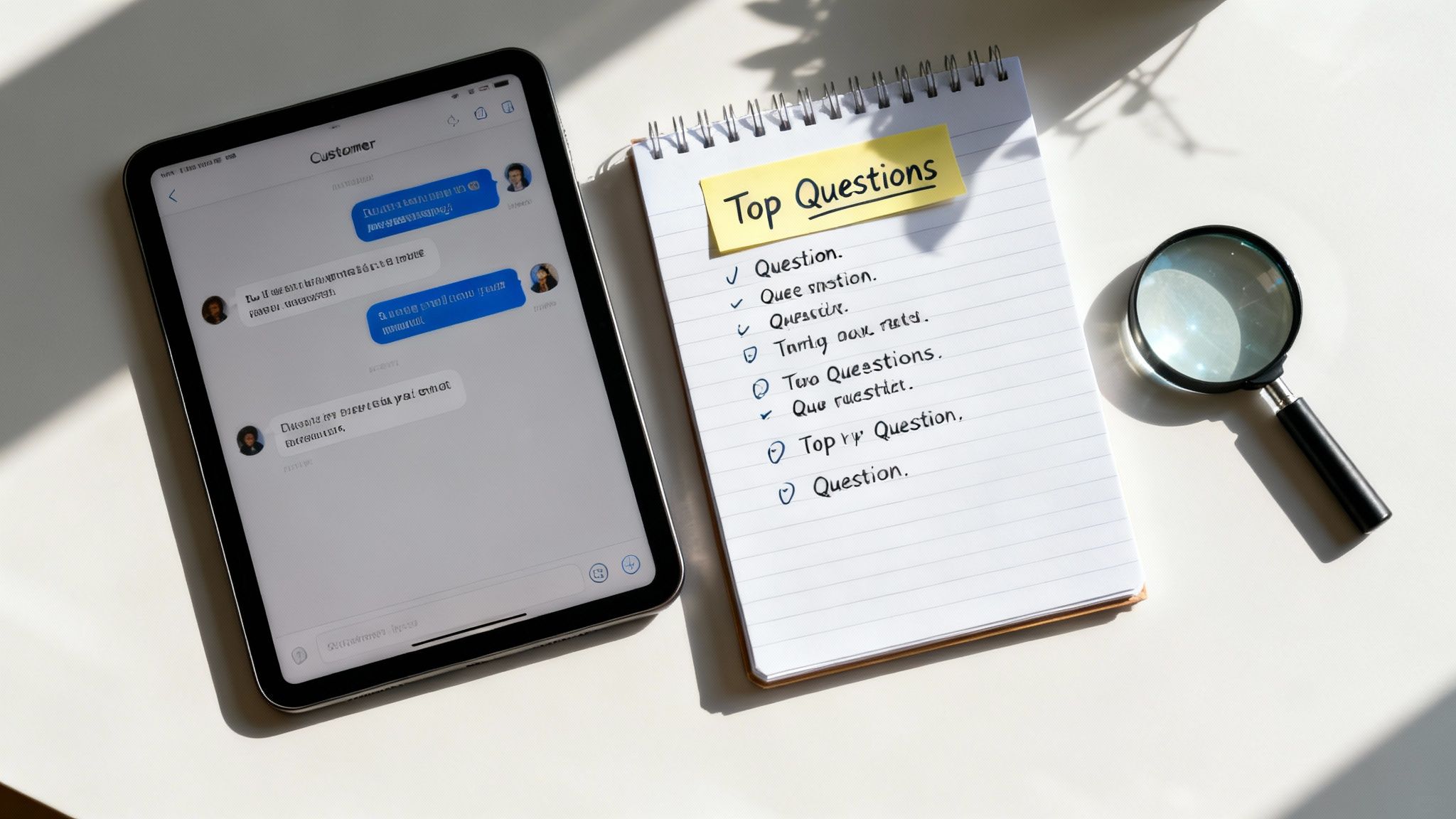 A tablet displaying a customer chat, a notebook with 'Top Questions' list, and a magnifying glass.