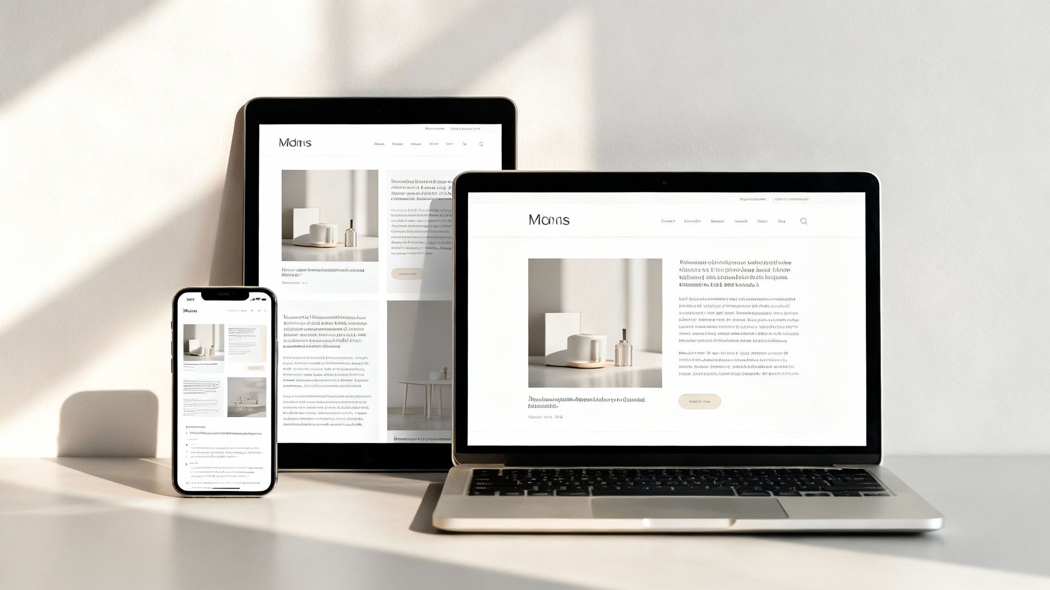 Three devices (laptop, tablet, smartphone) displaying a cohesive minimalist website design with product images.