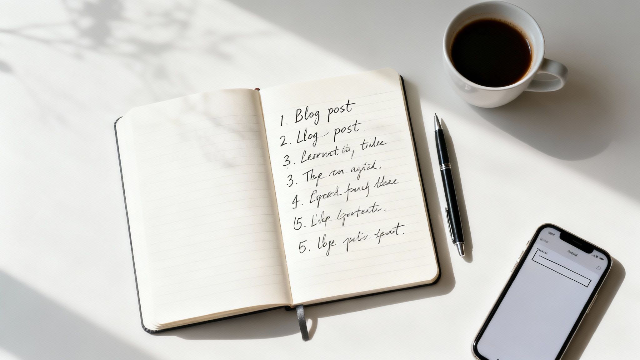 Overhead view of a desk with an open notebook, handwritten list, coffee cup, pen, and phone.