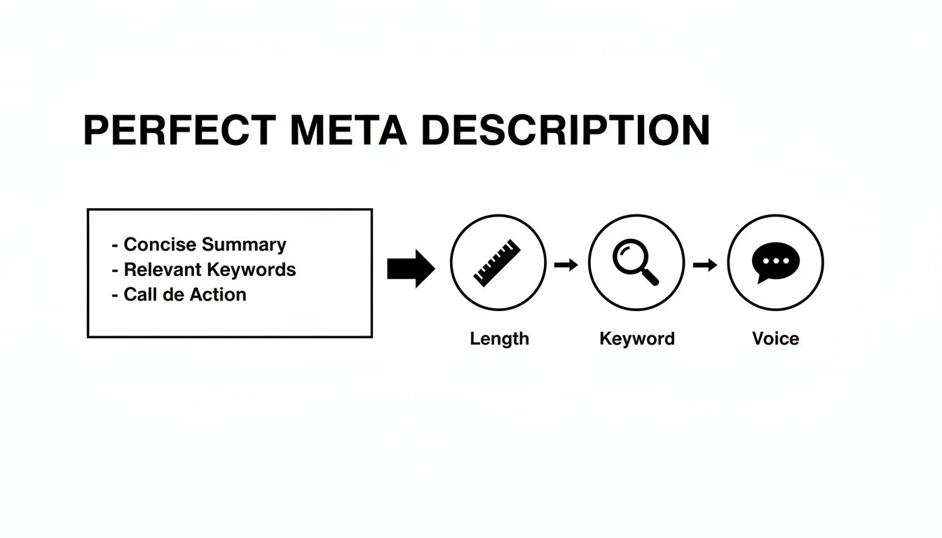Flowchart on writing perfect meta descriptions, covering summary, keywords, call to action, length, and voice.