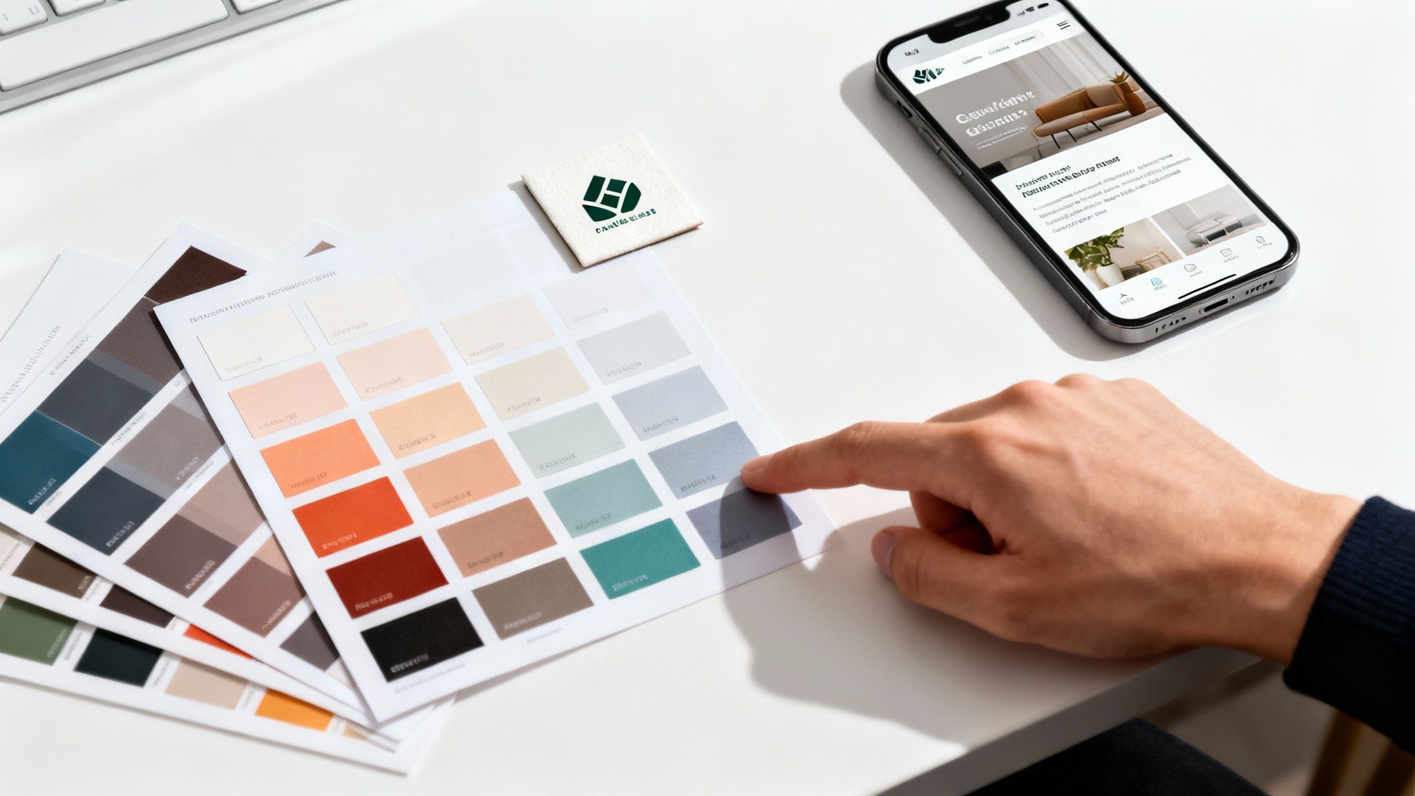 A person customizing a website design on a laptop with color palettes and font options visible.